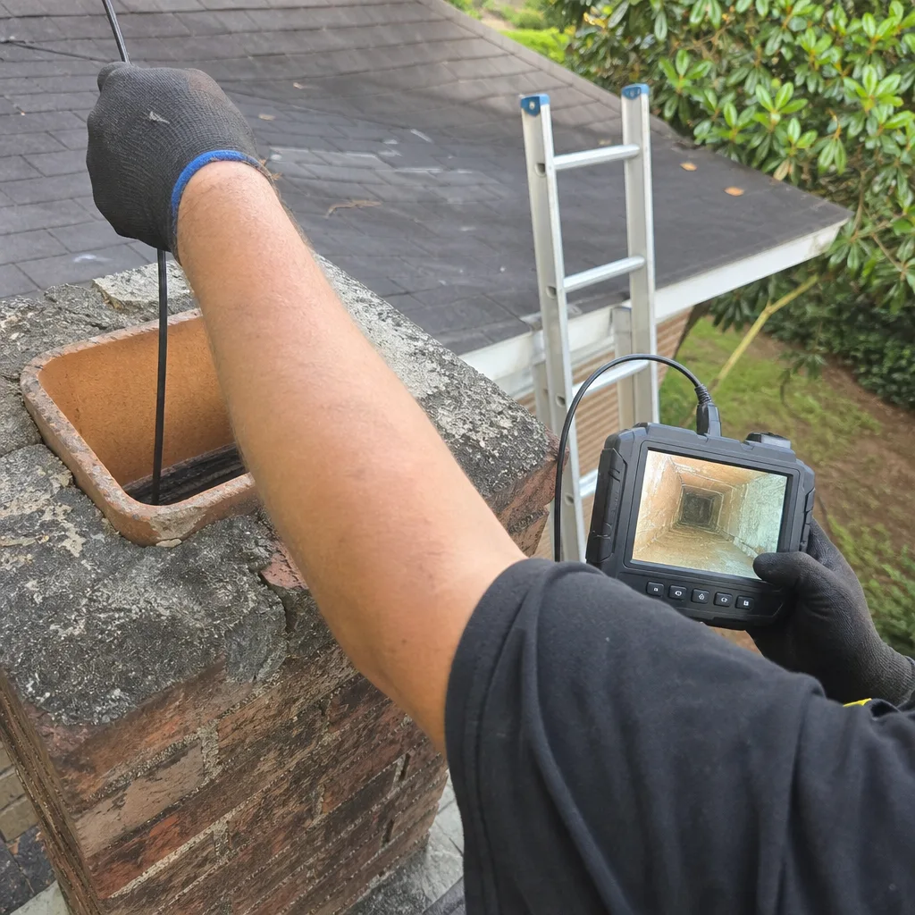 Professional performing a chimney inspection using a specialized flue camera.