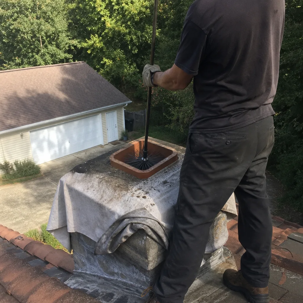 Professional chimney sweep cleaning a chimney flue from a residential roof