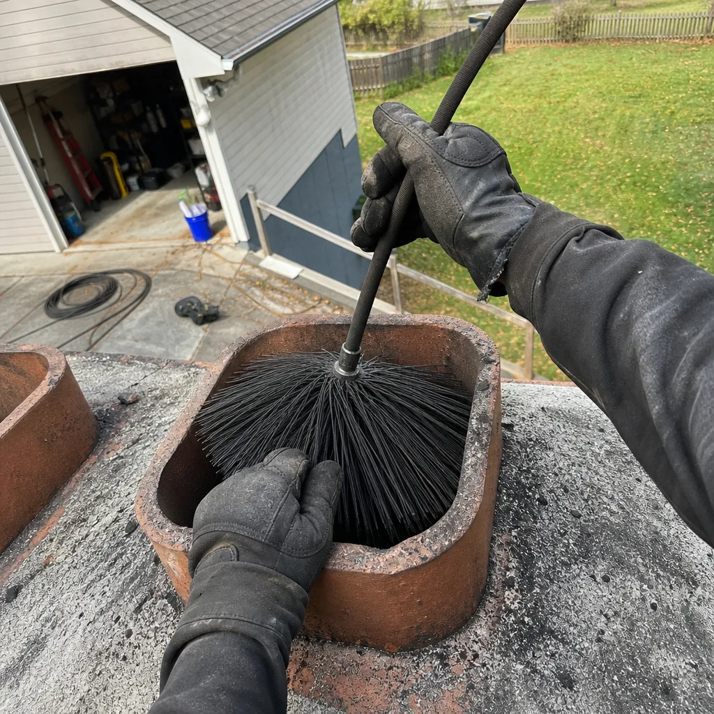 Professional chimney sweep cleaning a fireplace flue from the roof.