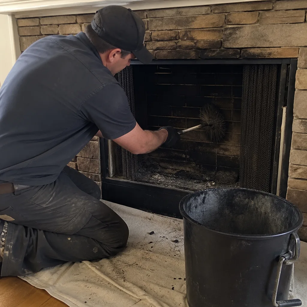 Professional chimney sweep cleaning soot from the inside of a residential fireplace