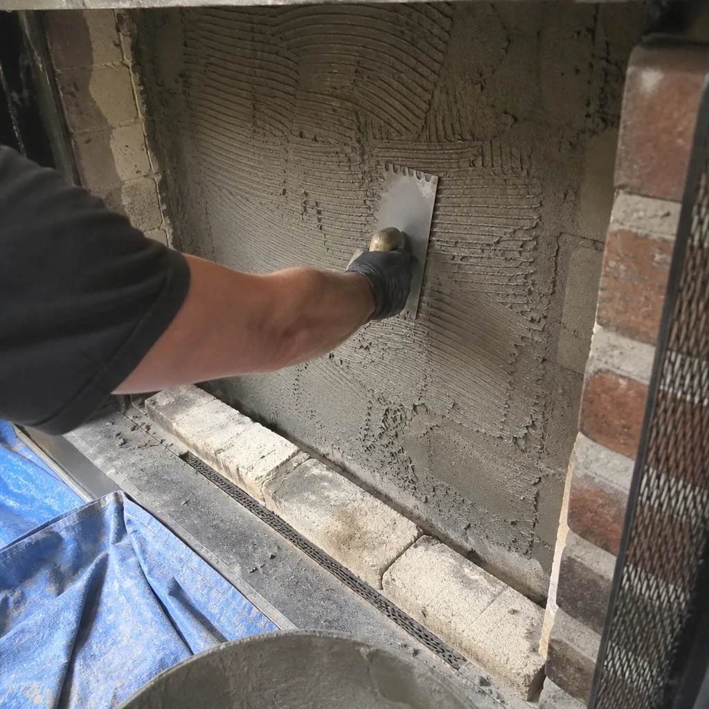 Professional contractor applying mortar to fireplace firebox during repair